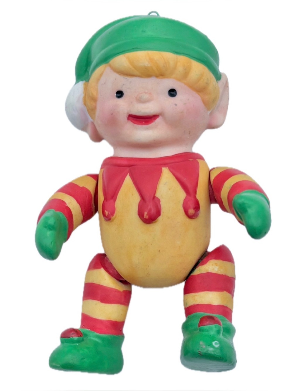 Vintage Jointed Jolly Elf Ornament Porcelain Figure Christmas Holiday Whimsical